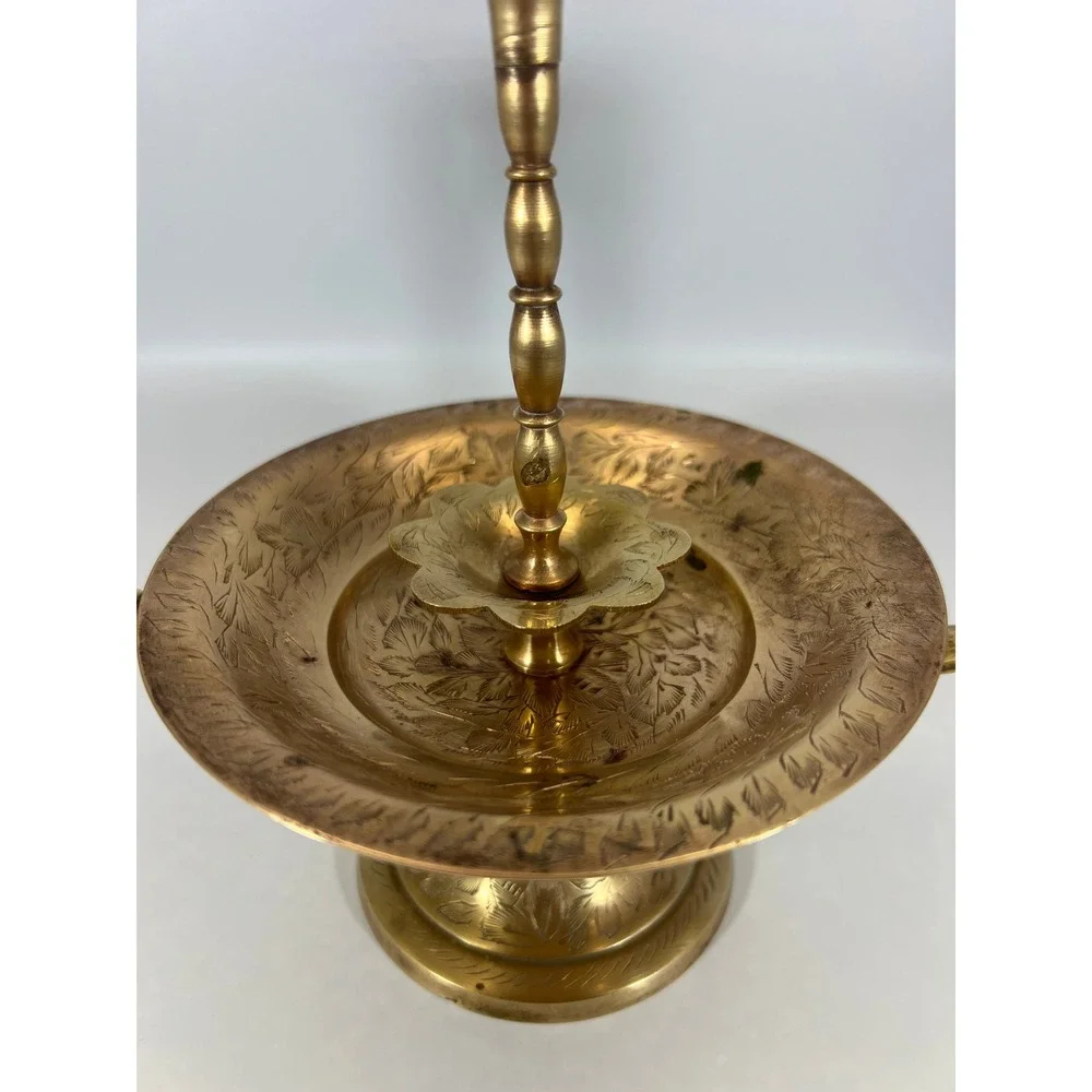 Vintage Etched Brass 3 Arm‎ Candelabra Centerpiece India 9.5 Inch